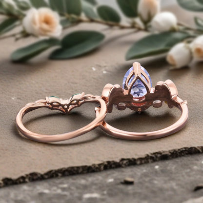 Vintage Pear Cut Amethyst Engagement Ring Set Unique Rose Gold Cluster Moss Agate Bridal Ring Set Bat Wing Wedding Ring Set Anniversary Gift