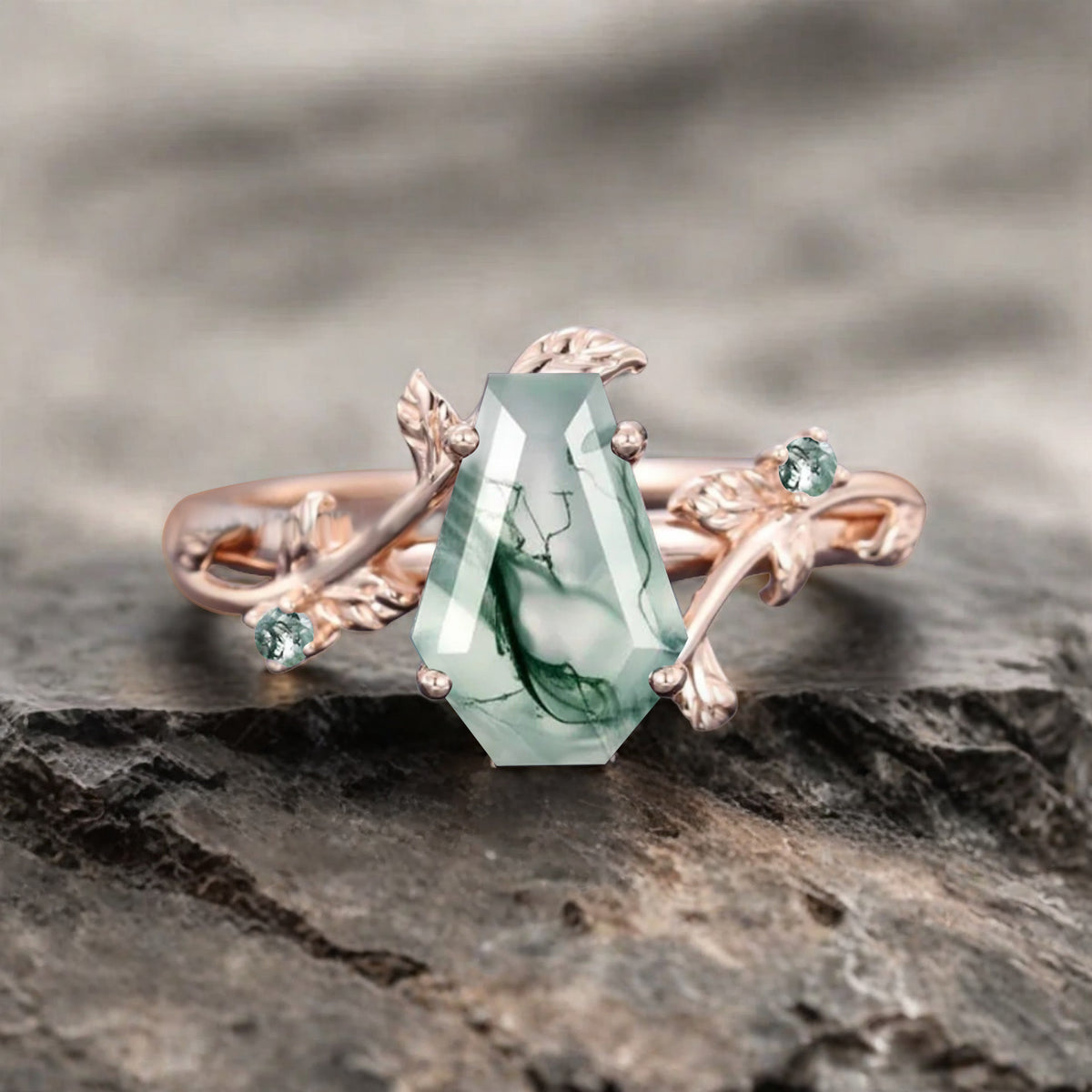 Art Deco Moss Agate Leaf Design Gemstone Ring Unique Vintage Coffin Cut Moss Agate Engagement Ring Wedding Promise Ring For Women