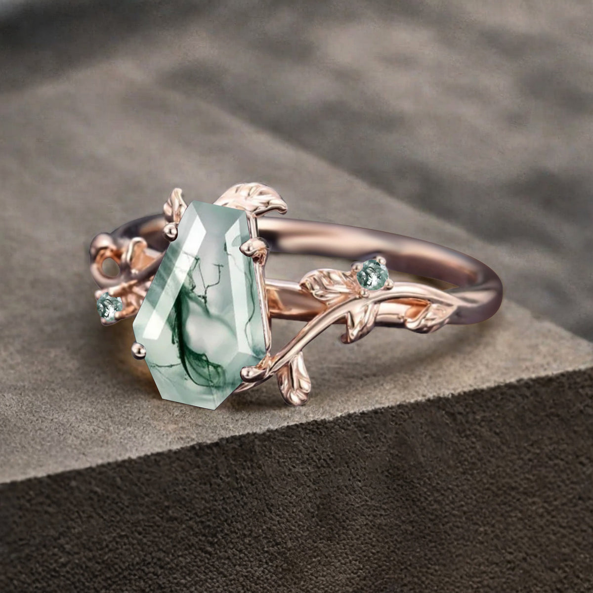 Art Deco Moss Agate Leaf Design Gemstone Ring Unique Vintage Coffin Cut Moss Agate Engagement Ring Wedding Promise Ring For Women