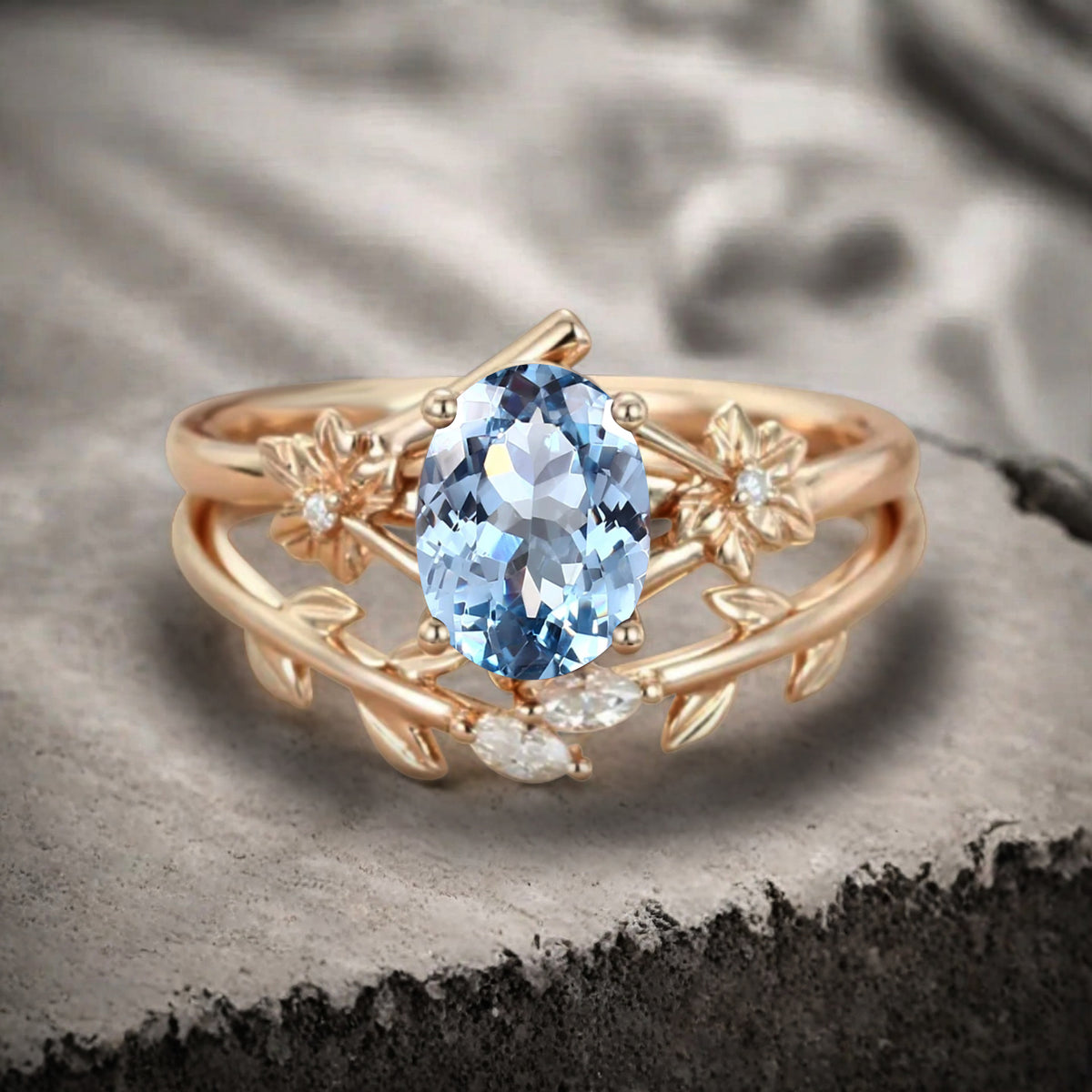 Oval Cut Blue Aquamarine Engagement Flower Ring Vintage Aquamarine Rose Gold Art Deco Moissanite Leaf Bridal Anniversary Wedding Ring Set