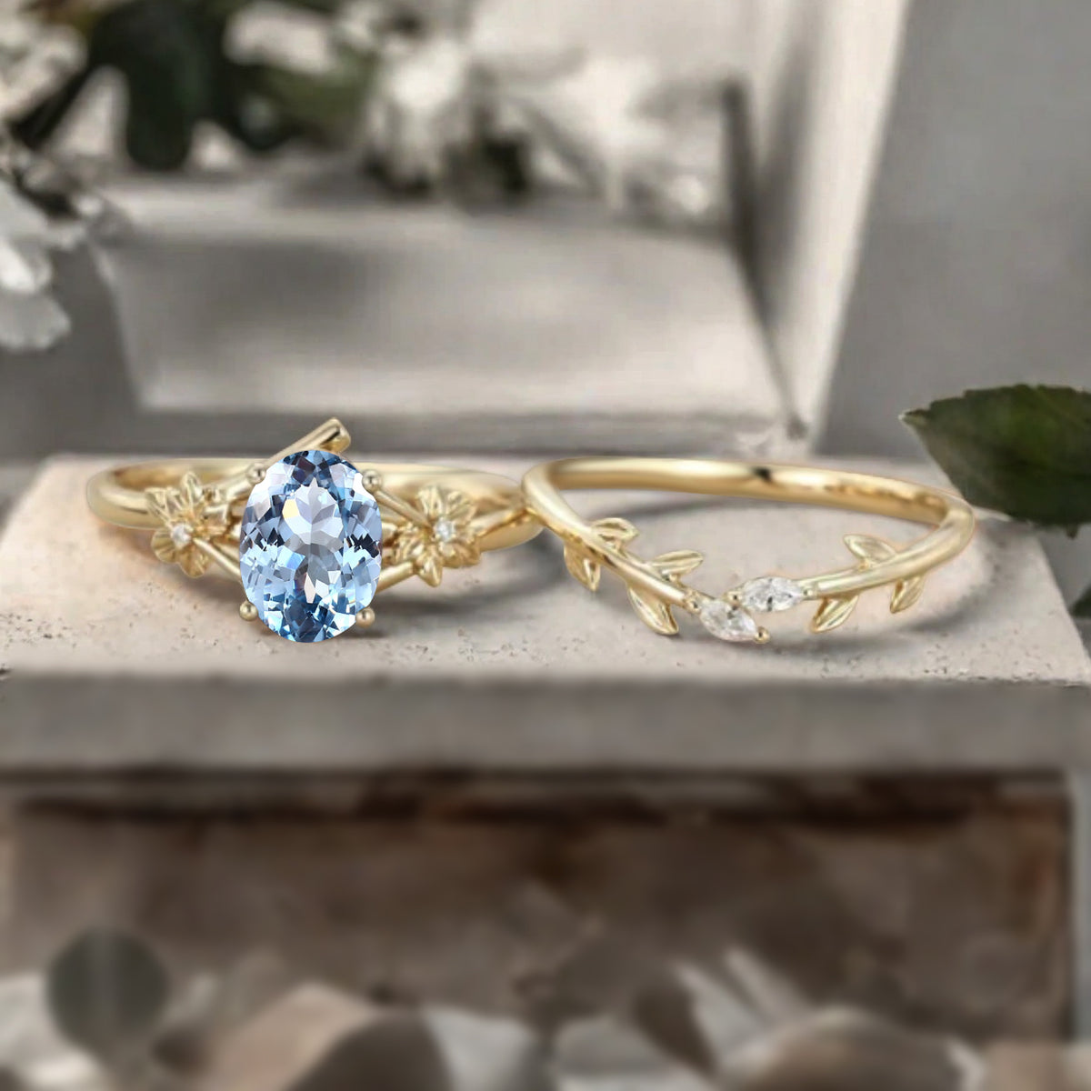 Oval Cut Blue Aquamarine Engagement Flower Ring Vintage Aquamarine Rose Gold Art Deco Moissanite Leaf Bridal Anniversary Wedding Ring Set