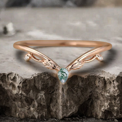 Minimalist Moissanite & Amethyst & Moss Agate Chevron Wedding Band Vintage V Shape Stacking Leaf Ring Unique Matching Ring Promise Delicate Bridal Anniversary Ring