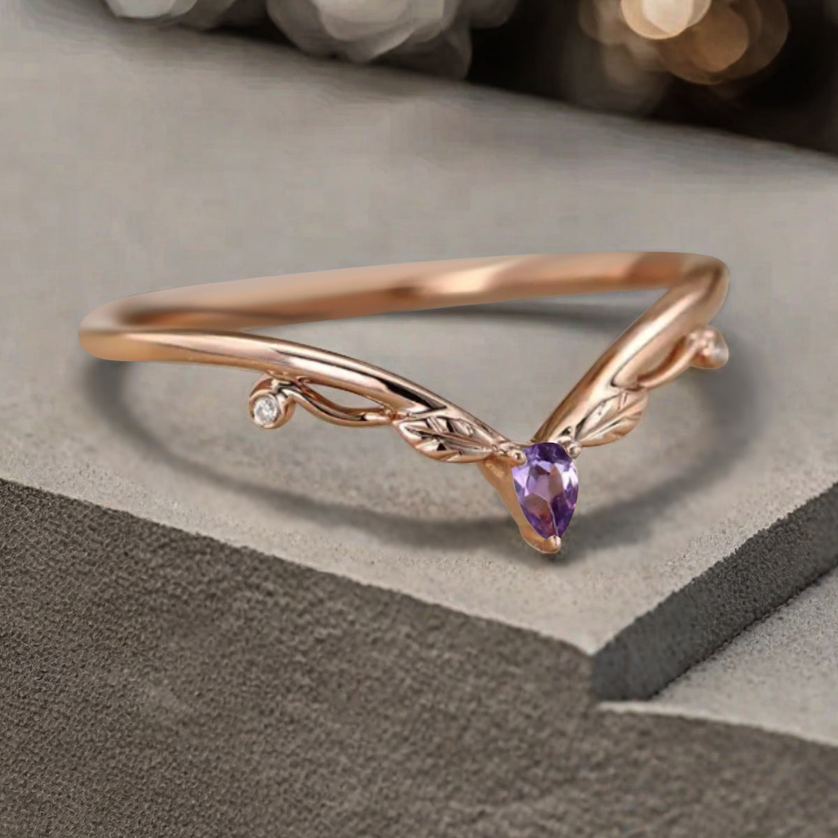 Minimalist Moissanite & Amethyst & Moss Agate Chevron Wedding Band Vintage V Shape Stacking Leaf Ring Unique Matching Ring Promise Delicate Bridal Anniversary Ring
