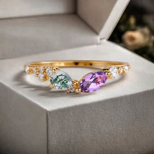 Minimalist Moss Agate & Amethyst Chevron Wedding Band Vintage V Shape Stacking Ring Unique Matching Ring Promise Delicate Bridal Anniversary Gift Ring