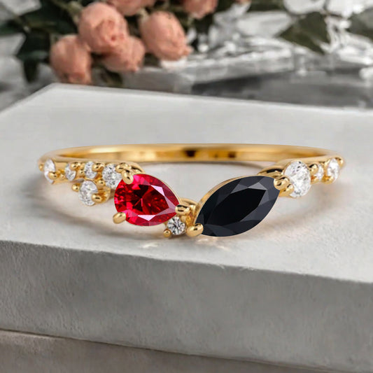 Minimalist Ruby & Black Onyx Chevron Wedding Band Vintage V Shape Stacking Ring Unique Matching Ring Promise Delicate Bridal Anniversary Gift Ring