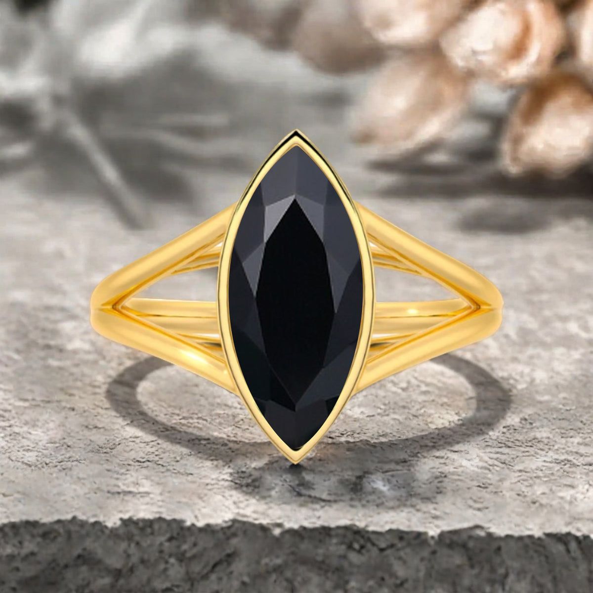 Marquise cut Black Onyx wedding ring Unique 14k Rose gold wedding ring Anniversary ring