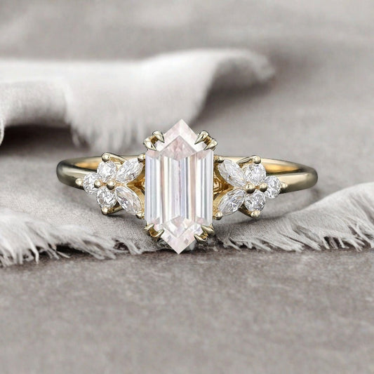 Vintage Hexagon Cut Moissanite Gemstone Engagement Ring Moissanite Side Stone Wedding Promise Ring