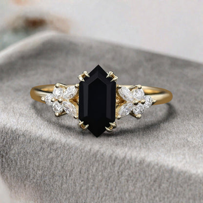 Vintage Hexagon Cut Black Onyx Gemstone Engagement Ring Moissanite Side Stone Wedding Promise Ring