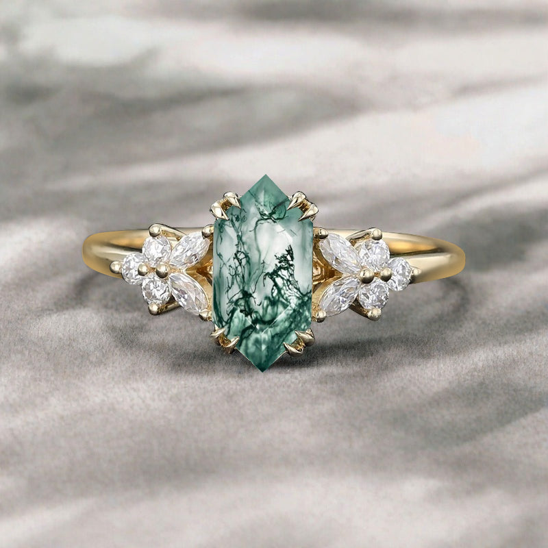 Bague de fiançailles vintage en saphir bleu-vert taille hexagonale Bague de promesse de mariage en saphir bleu-vert