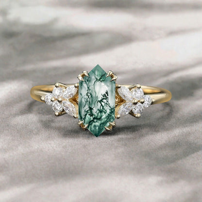 Bague de fiançailles vintage en saphir bleu-vert taille hexagonale Bague de promesse de mariage en saphir bleu-vert