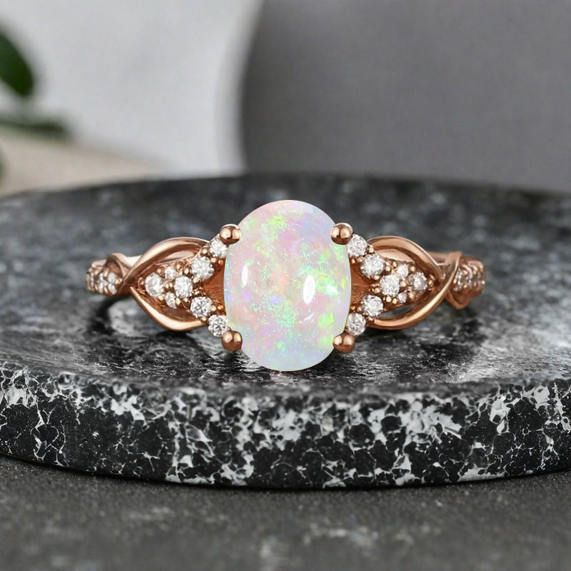 Oval Cut Opal Engagement Ring Unique Opal Moissanite Wedding Ring Gift For Her