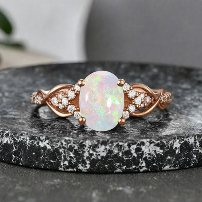 Oval Cut Opal Engagement Ring Unique Opal Moissanite Wedding Ring Gift For Her