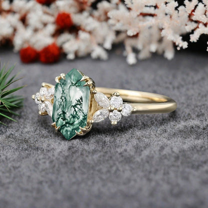 Bague de fiançailles vintage en saphir bleu-vert taille hexagonale Bague de promesse de mariage en saphir bleu-vert