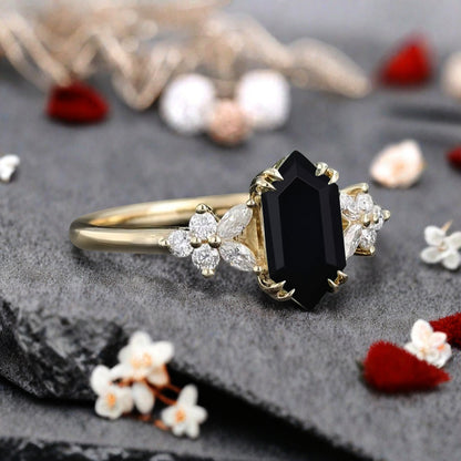 Vintage Hexagon Cut Black Onyx Gemstone Engagement Ring Moissanite Side Stone Wedding Promise Ring
