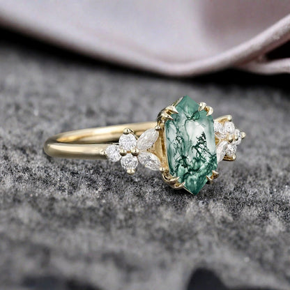 Bague de fiançailles vintage en saphir bleu-vert taille hexagonale Bague de promesse de mariage en saphir bleu-vert