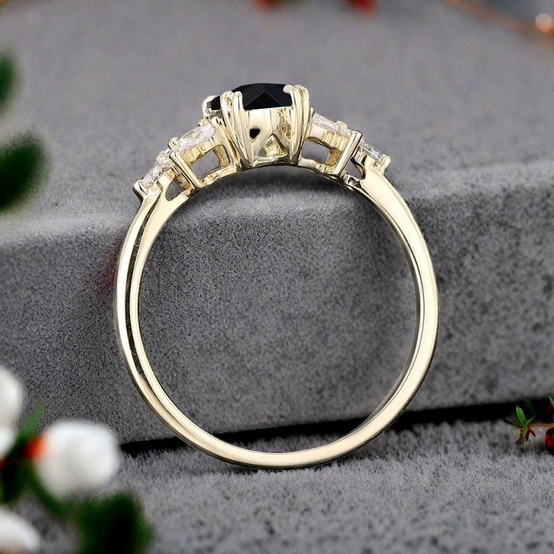 Vintage Hexagon Cut Black Onyx Gemstone Engagement Ring Moissanite Side Stone Wedding Promise Ring