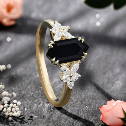 Vintage Hexagon Cut Black Onyx Gemstone Engagement Ring Moissanite Side Stone Wedding Promise Ring