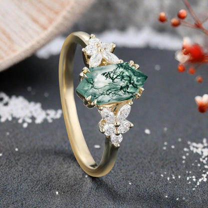 Bague de fiançailles vintage en saphir bleu-vert taille hexagonale Bague de promesse de mariage en saphir bleu-vert