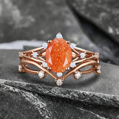Vintage Oval Shape Sunstone Engagement Ring Set Unique Sunstone Promise Bridal Ring Set Anniversary Gift