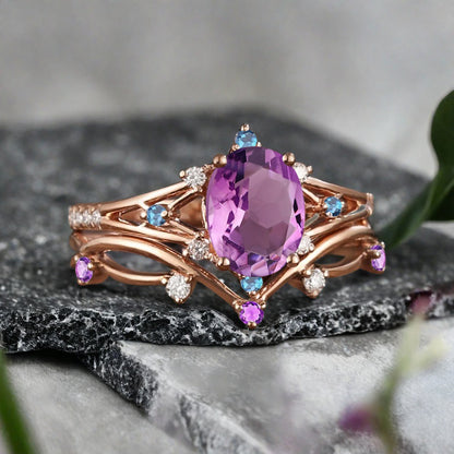 Vintage Birnenform Aquamarin Verlobungsring Set Unikat Versprechen Brautring Set Jubiläumsgeschenk
