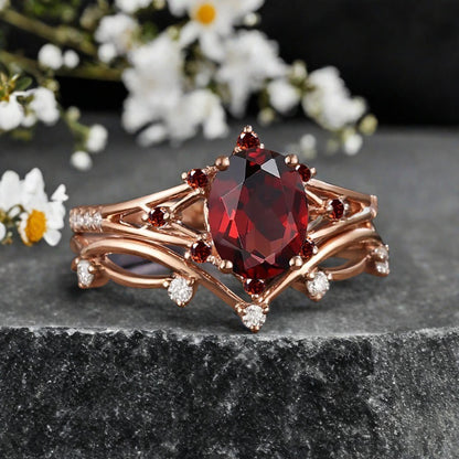 Vintage Oval Shape Ruby Engagement Ring Set Unique Ruby Gemstone Promise Bridal Ring Set Anniversary Gift