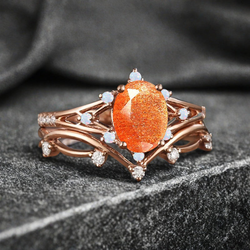 Vintage Oval Shape Sunstone Engagement Ring Set Unique Sunstone Promise Bridal Ring Set Anniversary Gift
