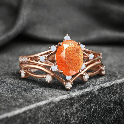 Vintage Oval Shape Sunstone Engagement Ring Set Unique Sunstone Promise Bridal Ring Set Anniversary Gift