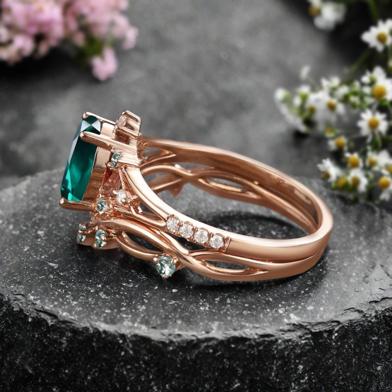 Vintage Oval Shape Emerald Engagement Ring Set Unique Emerald Gemstone Promise Bridal Ring Set Anniversary Gift
