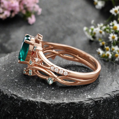 Vintage Oval Shape Emerald Engagement Ring Set Unique Emerald Gemstone Promise Bridal Ring Set Anniversary Gift