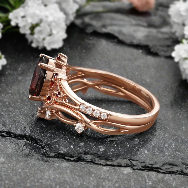 Vintage Oval Shape Ruby Engagement Ring Set Unique Ruby Gemstone Promise Bridal Ring Set Anniversary Gift