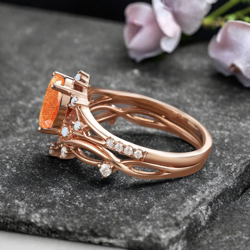 Vintage Oval Shape Sunstone Engagement Ring Set Unique Sunstone Promise Bridal Ring Set Anniversary Gift