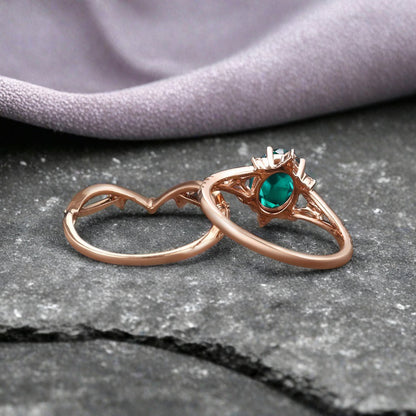 Vintage Oval Shape Emerald Engagement Ring Set Unique Emerald Gemstone Promise Bridal Ring Set Anniversary Gift