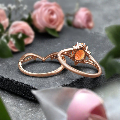 Vintage Oval Shape Sunstone Engagement Ring Set Unique Sunstone Promise Bridal Ring Set Anniversary Gift