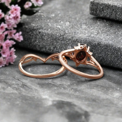 Vintage Oval Shape Ruby Engagement Ring Set Unique Ruby Gemstone Promise Bridal Ring Set Anniversary Gift