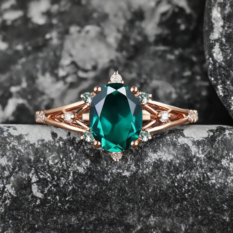 Vintage Oval Shape Emerald Engagement Ring Set Unique Emerald Gemstone Promise Bridal Ring Set Anniversary Gift