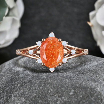 Vintage Oval Shape Sunstone Engagement Ring Set Unique Sunstone Promise Bridal Ring Set Anniversary Gift