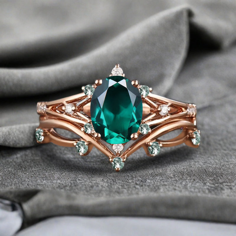Vintage Oval Shape Emerald Engagement Ring Set Unique Emerald Gemstone Promise Bridal Ring Set Anniversary Gift