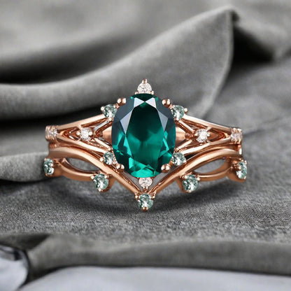 Vintage Oval Shape Emerald Engagement Ring Set Unique Emerald Gemstone Promise Bridal Ring Set Anniversary Gift
