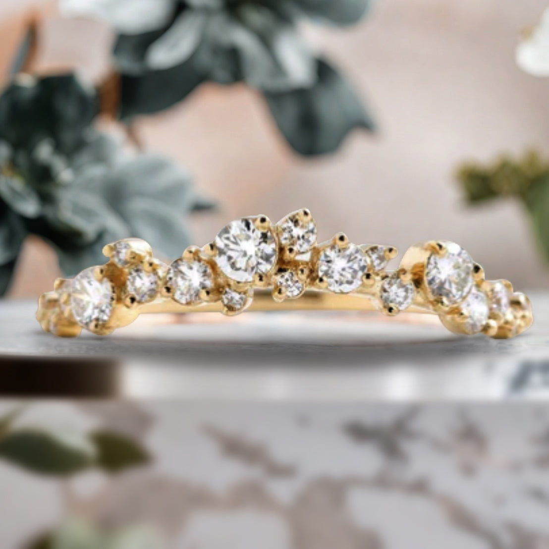 Round Cut Moissanite Engagement Ring Set, Vintage 14K Solid gold Bridal Wedding Set With Matching Chevron Curved Wedding Band, Promise ring