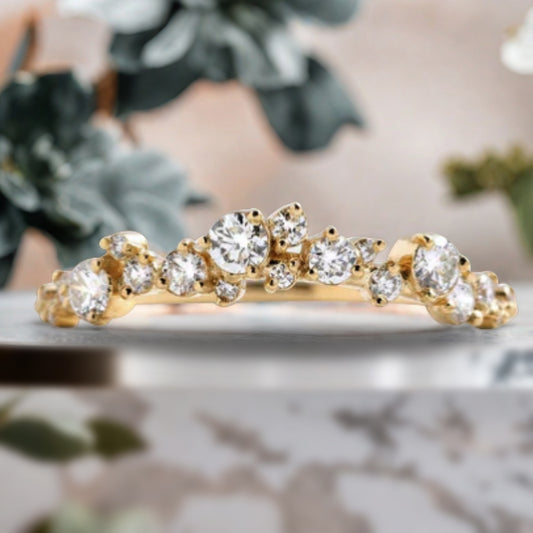 Round Cut Moissanite Engagement Ring Set, Vintage 14K Solid gold Bridal Wedding Set With Matching Chevron Curved Wedding Band, Promise ring