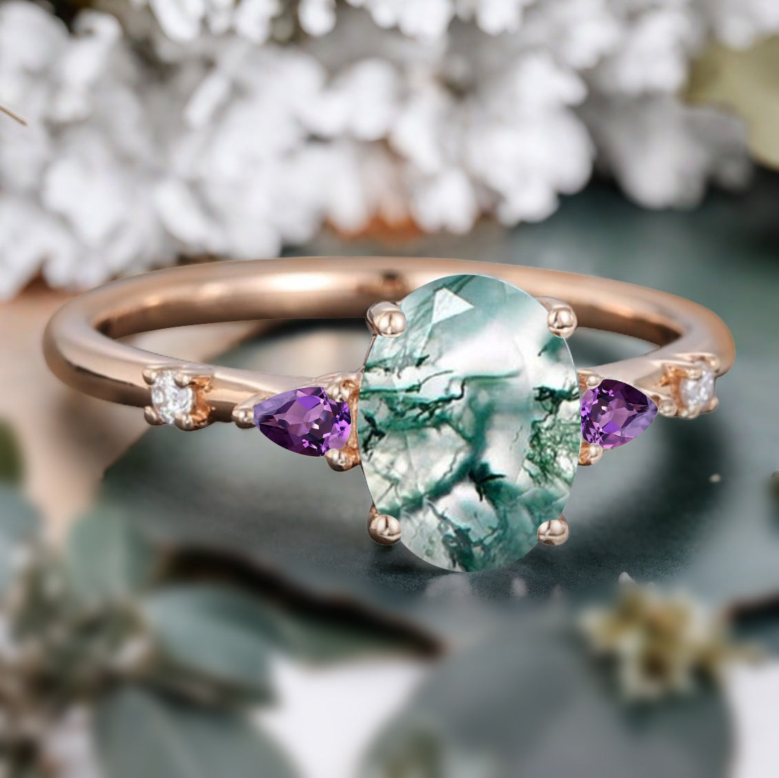 Vintage Oval Cut Moss Agate Ring Unique Amethyst Engagement Ring Leaf-like Gemstone Wedding Statement Ring Gift For Her