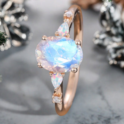 Vintage Oval Cut Moonstone Ring Unique Moonstone Engagement Ring Moon-like Gemstone Wedding Statement Ring Gift For Her