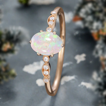 Vintage Oval Cut Opal Engagement Ring Unique Moissanite Wedding Ring Art Deco Rose Gold Ring Dainty Bridal Ring Anniversary Gift Ring