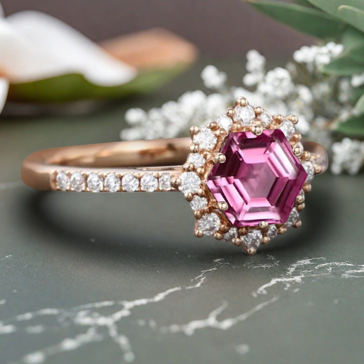 Unique Hexagon Cut Pink Agate Engagement Ring Vintage Pink Sapphire Wedding Bridal Ring Art Deco Pink Agate Gemstone Ring Anniversary Gift