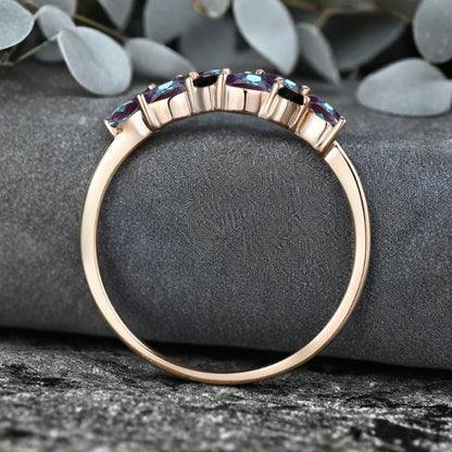 Unique Alexandrite Wedding Band Delicate Marquise Cut Alexandrite Gemstone Matching Band Vintage Black Onyx Stacking Promise Ring