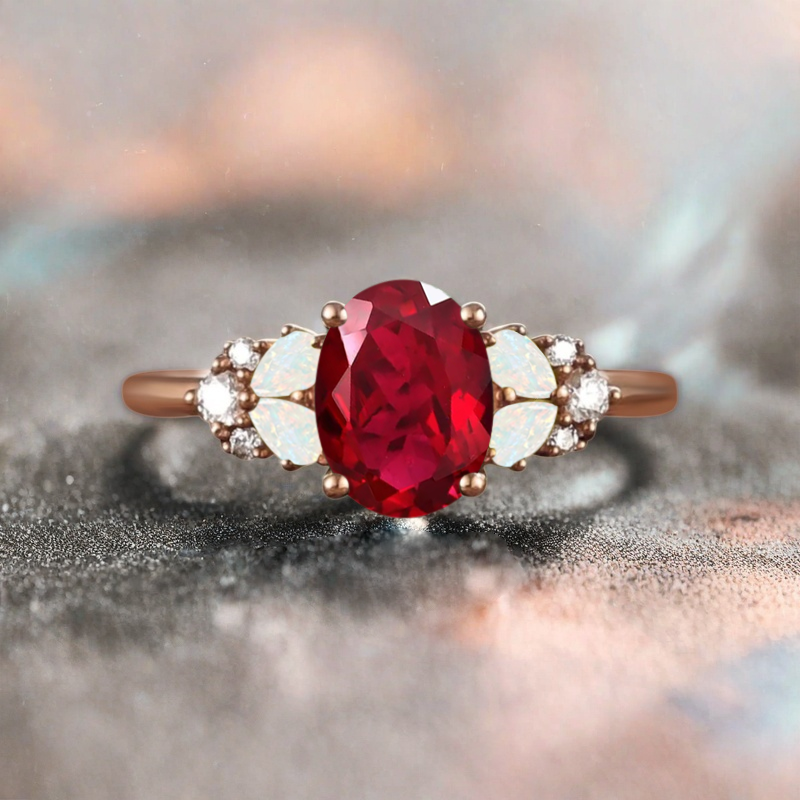 Vintage Oval Ruby Engagement Ring Unique Opal Sidestones Oval Gemstone Promise Ring