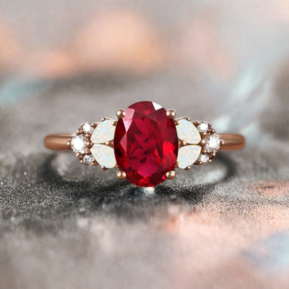 Vintage Oval Ruby Engagement Ring Unique Opal Sidestones Oval Gemstone Promise Ring