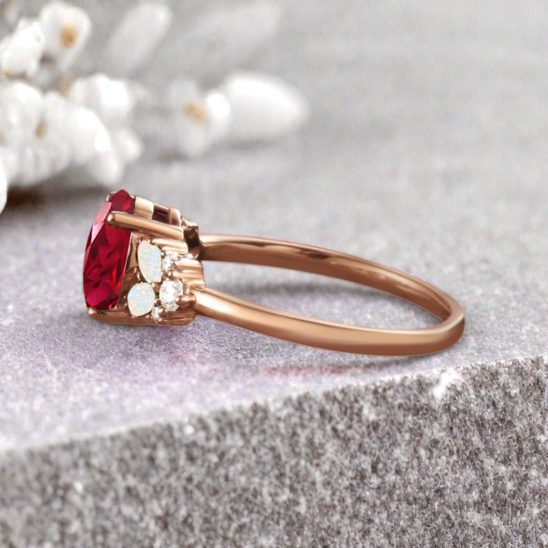 Vintage Oval Ruby Engagement Ring Unique Opal Sidestones Oval Gemstone Promise Ring