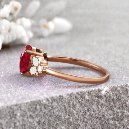Vintage Oval Ruby Engagement Ring Unique Opal Sidestones Oval Gemstone Promise Ring