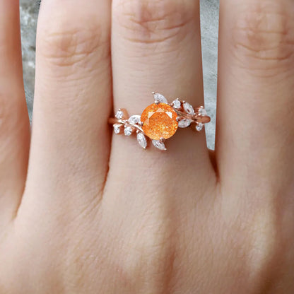 Art Deco Nature Sunstone Engagement Ring Vintage Round Cut Sunstone Cluster Promise Ring Orange Gemstone Bridal Leaf Ring Custom Jewelry